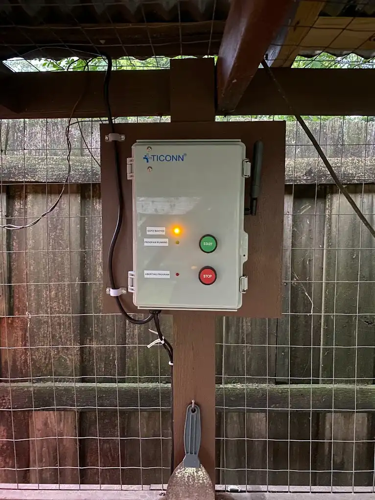 Control box mounted in chicken coop